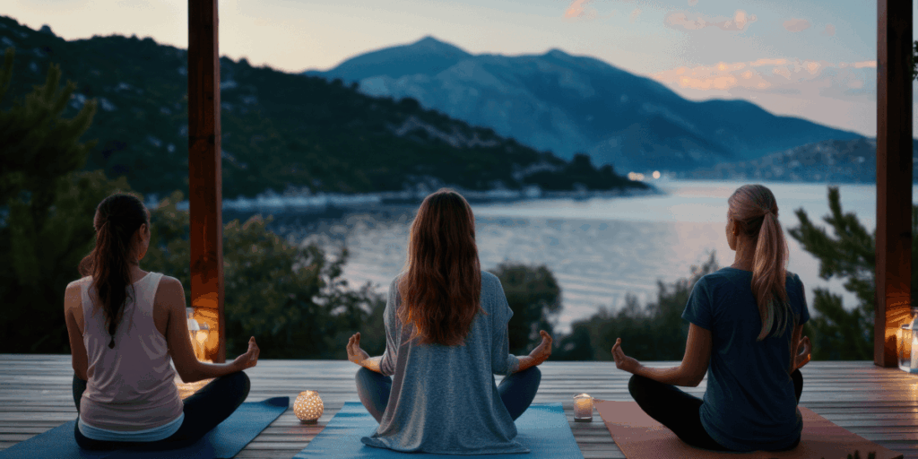 Three women meditate peacefully on a deck with a serene view of the water in the background.