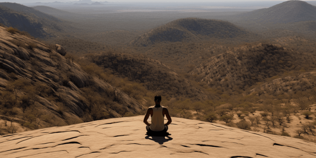  A man sits on a mountain peak, overlooking a vast landscape of valleys and distant mountains under a clear blue sky.